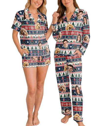 Personalized Christmas Fair Isle Pajamas for Women – Custom Face & Pet Photo Print