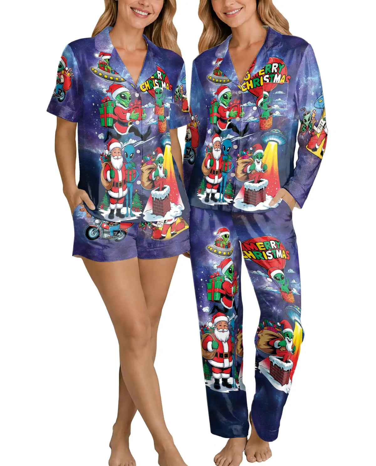 Funny Alien Christmas Pajama Set for Women, Santa Holiday Novelty Sleepwear