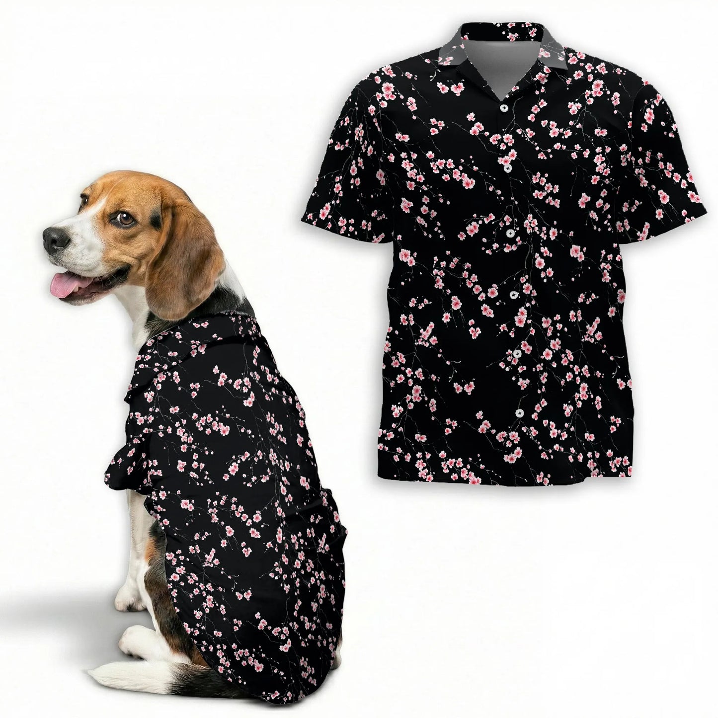 Cherry Blossom Floral Print Hawaii and Japanese Matching Dog Owner Hawaiian Shirts, Funny Pet Aloha Shirt for Beach Vacation - Azhawaiian