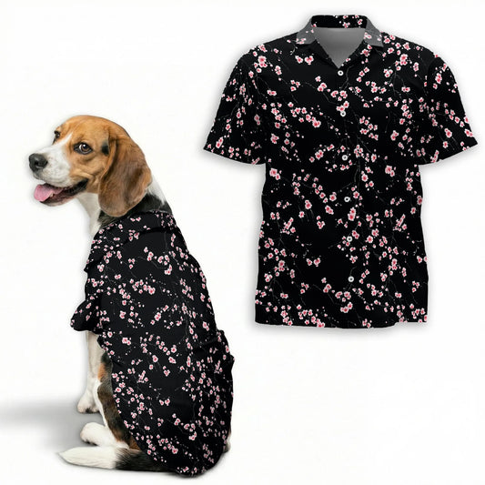 Cherry Blossom Floral Print Hawaii and Japanese Matching Dog Owner Hawaiian Shirts, Funny Pet Aloha Shirt for Beach Vacation - Azhawaiian