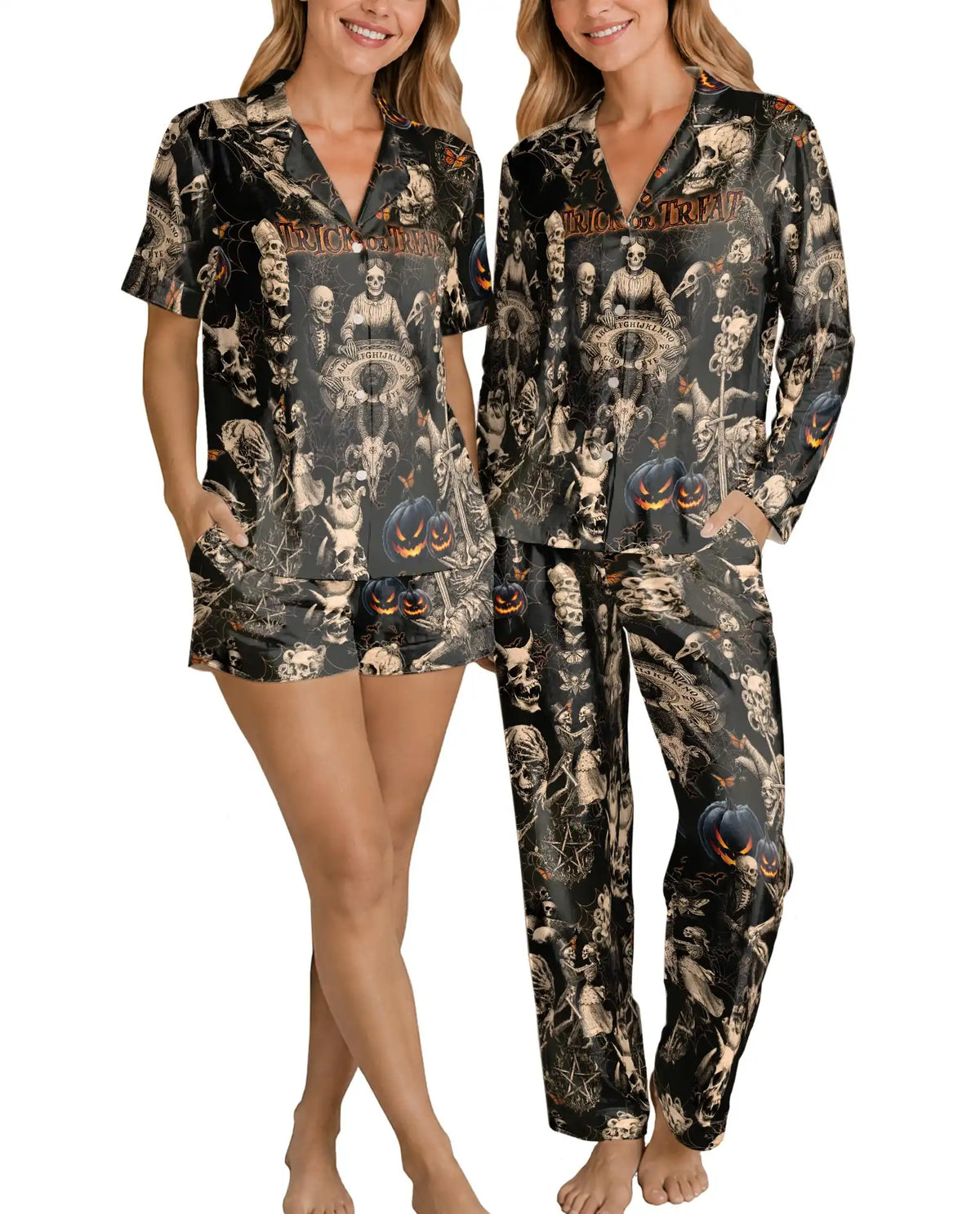 Gothic Halloween Pajama Set for Women, Dark Skeleton Spooky Sleepwear