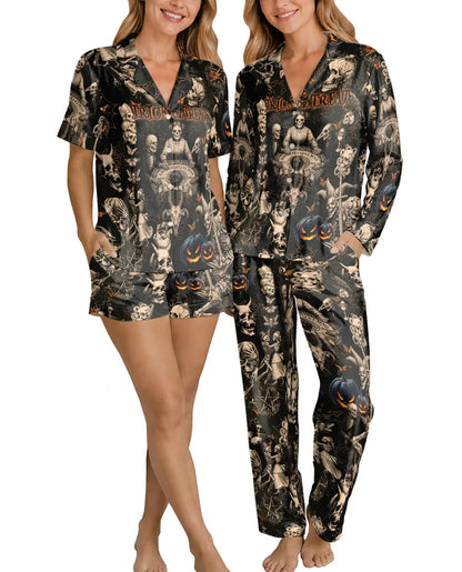 Gothic Halloween Pajama Set for Women, Dark Skeleton Spooky Sleepwear