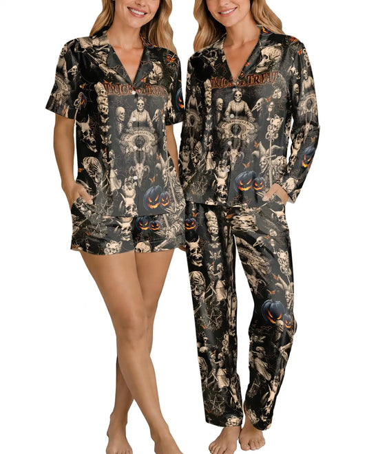 Gothic Halloween Pajama Set for Women, Dark Skeleton Spooky Sleepwear