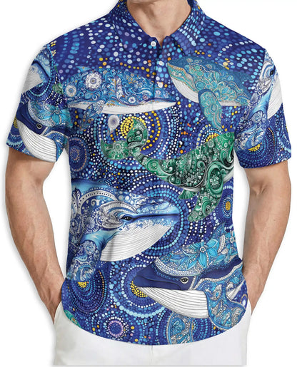 Ocean Whale Art Polo Shirt Coastal Marine Wildlife Print | Azhawaiian
