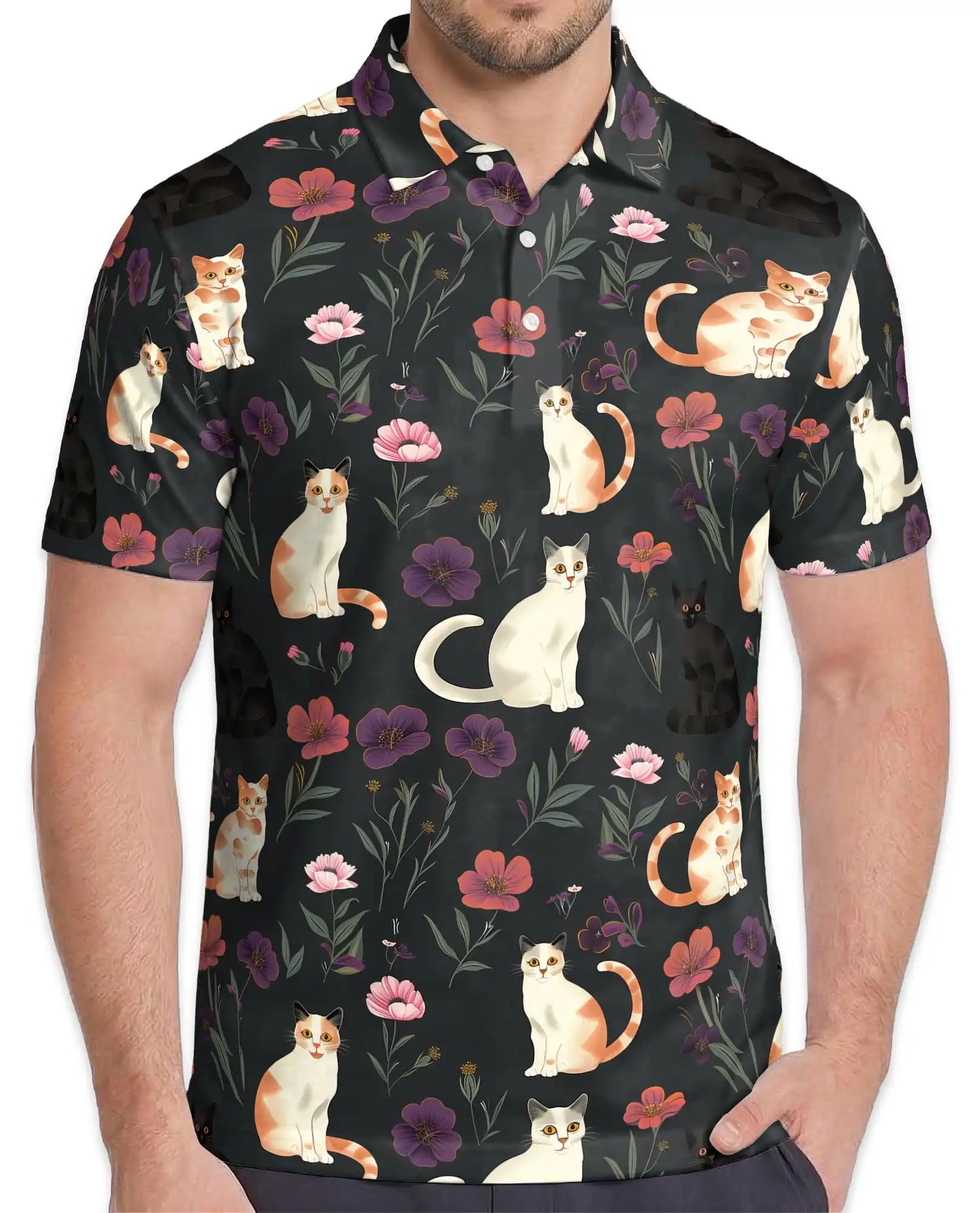Cat Floral Polo Shirt - Cute Kitty Garden Style | Azhawaiian