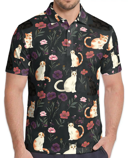 Cat Floral Polo Shirt - Cute Kitty Garden Style | Azhawaiian