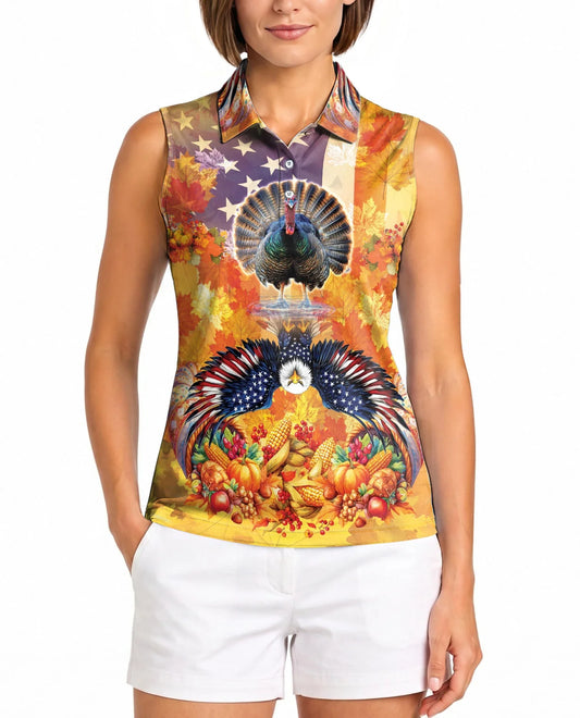Turkey and Eagle Thanksgiving Sleeveless Polo Shirt for Women | Azhawaiian
