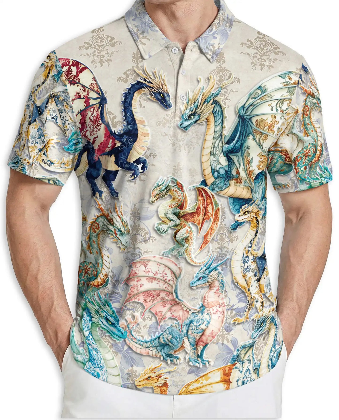 Elegant Fantasy Dragon 3D Polo Shirt for Men, Medieval Mythical Creature Style | Azhawaiian