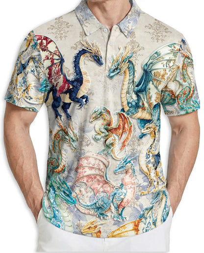 Elegant Fantasy Dragon 3D Polo Shirt for Men, Medieval Mythical Creature Style | Azhawaiian