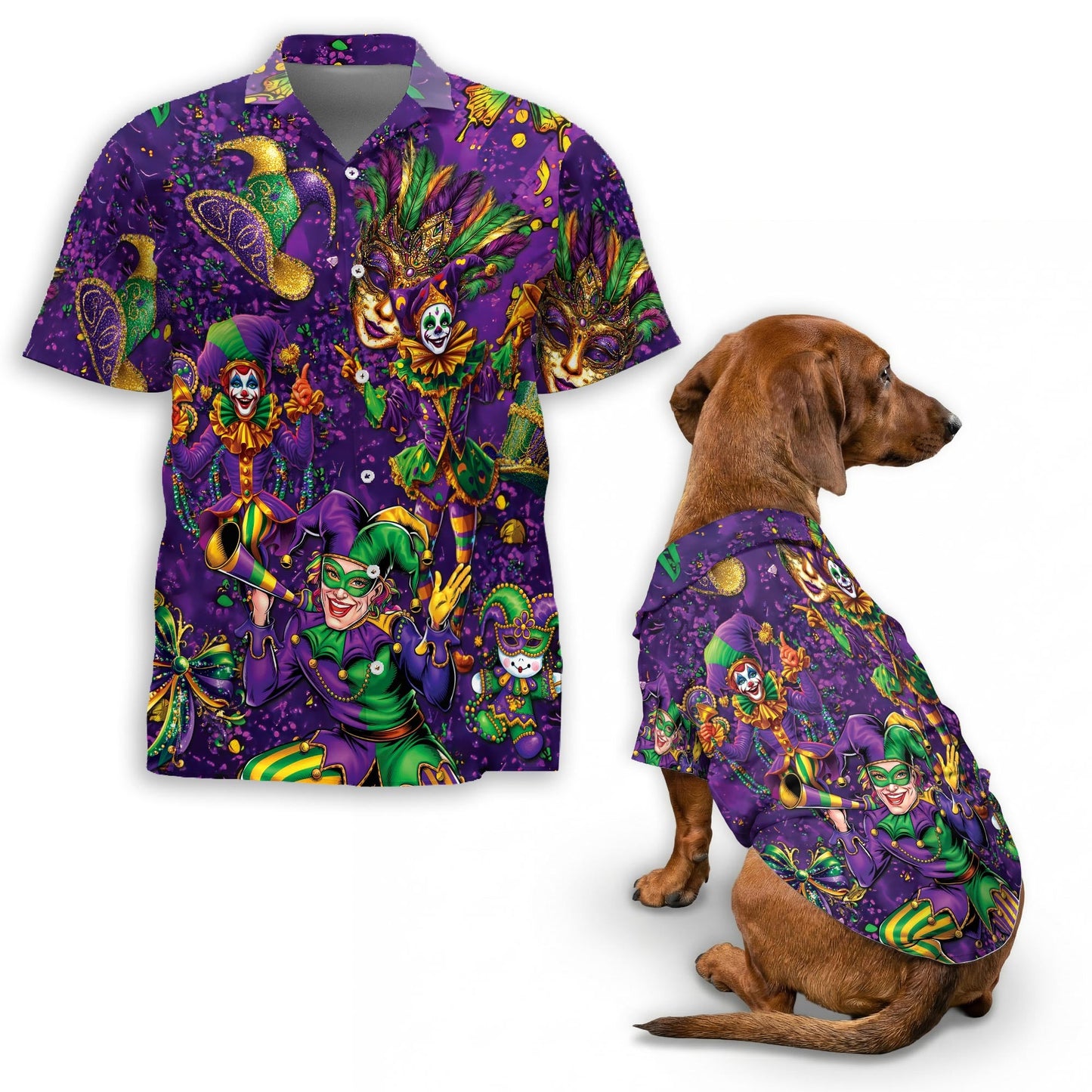 Mardi Gras Clown Beach Matching Dog Owner Hawaiian Shirts, Funny Pet Aloha Shirt for Beach Vacation - Azhawaiian