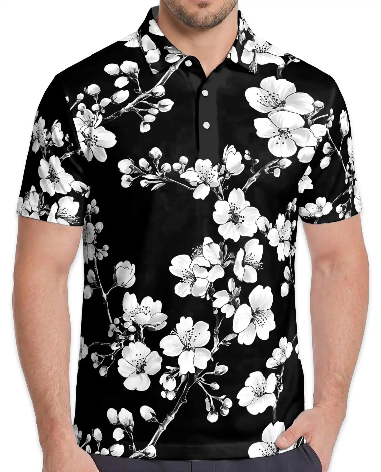 Monochrome Cherry Blossom Polo Shirt - Elegant Floral Style | Azhawaiian