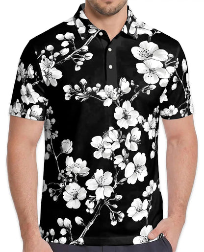 Monochrome Cherry Blossom Polo Shirt - Elegant Floral Style | Azhawaiian