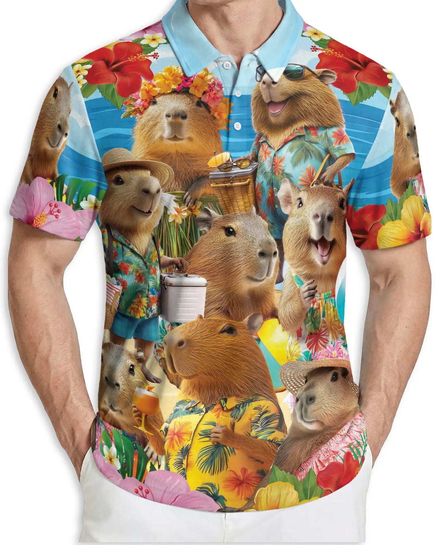 Capybara Tropical 3D Polo Shirt for Men, Funny Summer Animal Style | Azhawaiian