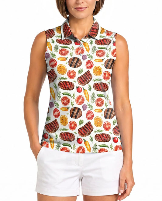 BBQ Pattern Sleeveless Polo Shirt for Women | Azhawaiian
