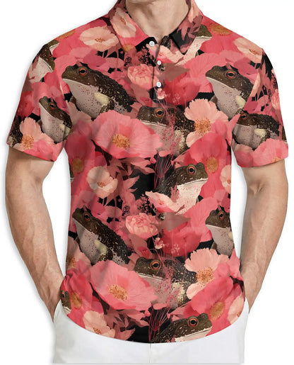 Floral Frog Garden Polo Shirt Botanical Wildflower Nature Pattern | Azhawaiian