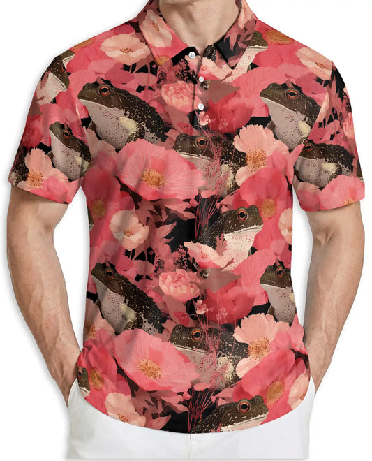 Floral Frog Garden Polo Shirt Botanical Wildflower Nature Pattern | Azhawaiian