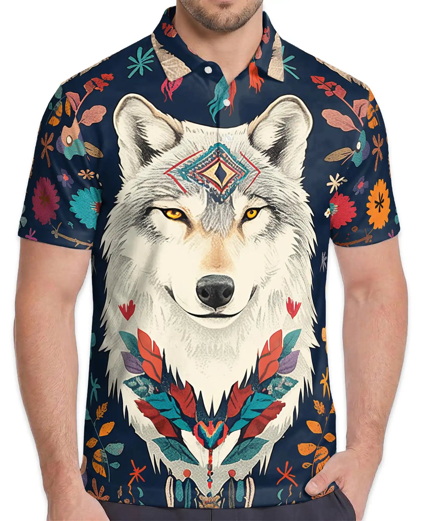 Boho Wolf Polo Shirt - Spirit Animal Nature Style | Azhawaiian
