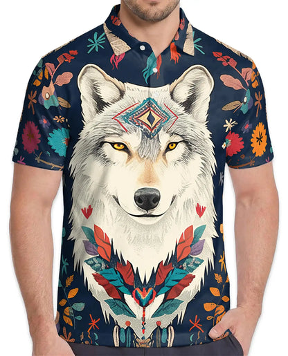 Boho Wolf Polo Shirt - Spirit Animal Nature Style | Azhawaiian