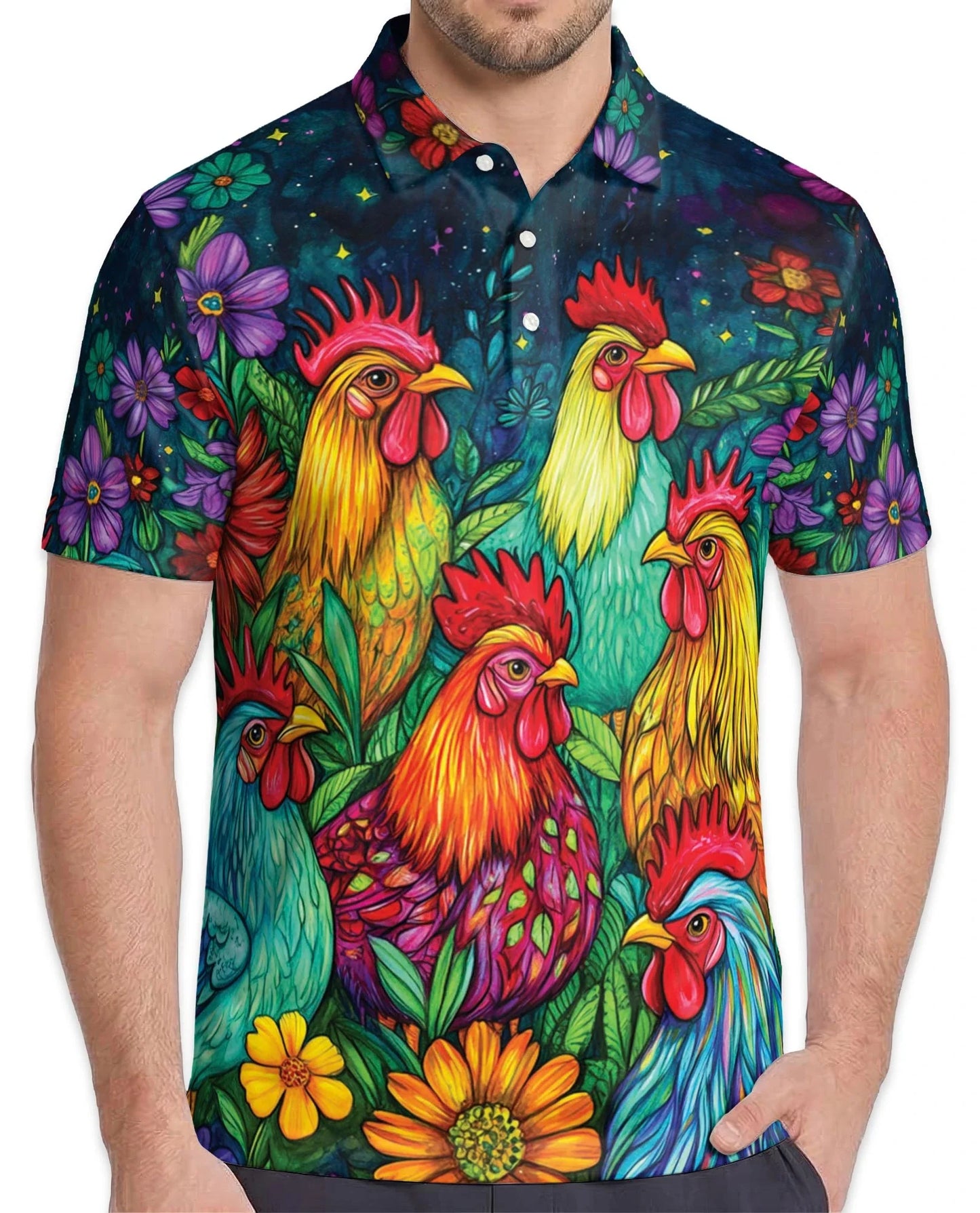 Vibrant Neon Rooster Polo Shirt for Men, Fantasy Art Style | Azhawaiian