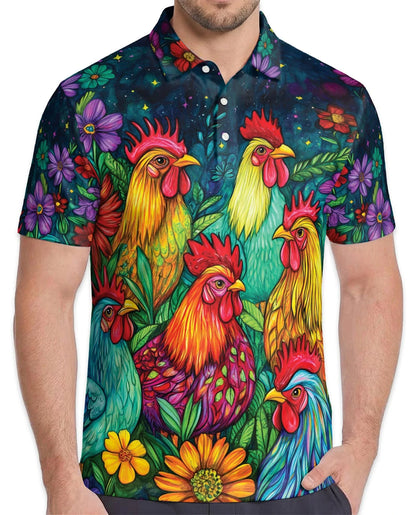 Vibrant Neon Rooster Polo Shirt for Men, Fantasy Art Style | Azhawaiian