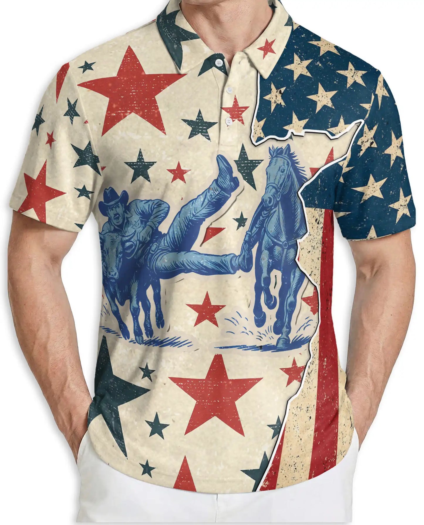 Vintage Cowboy Rodeo Polo Shirt Patriotic Western Stars Print | Azhawaiian