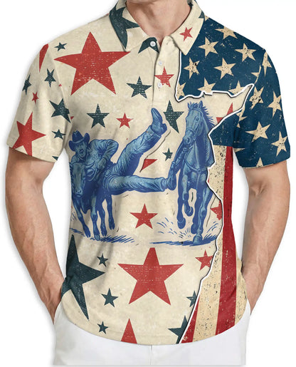 Vintage Cowboy Rodeo Polo Shirt Patriotic Western Stars Print | Azhawaiian