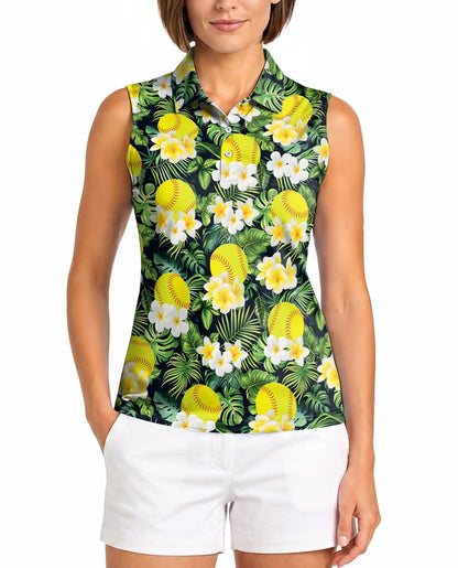 Yellow Softball And Plumeria Print Sleeveless Polo Shirt for Women  | Azhawaiian