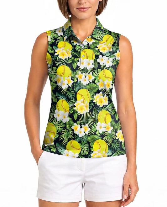 Yellow Softball And Plumeria Print Sleeveless Polo Shirt for Women  | Azhawaiian