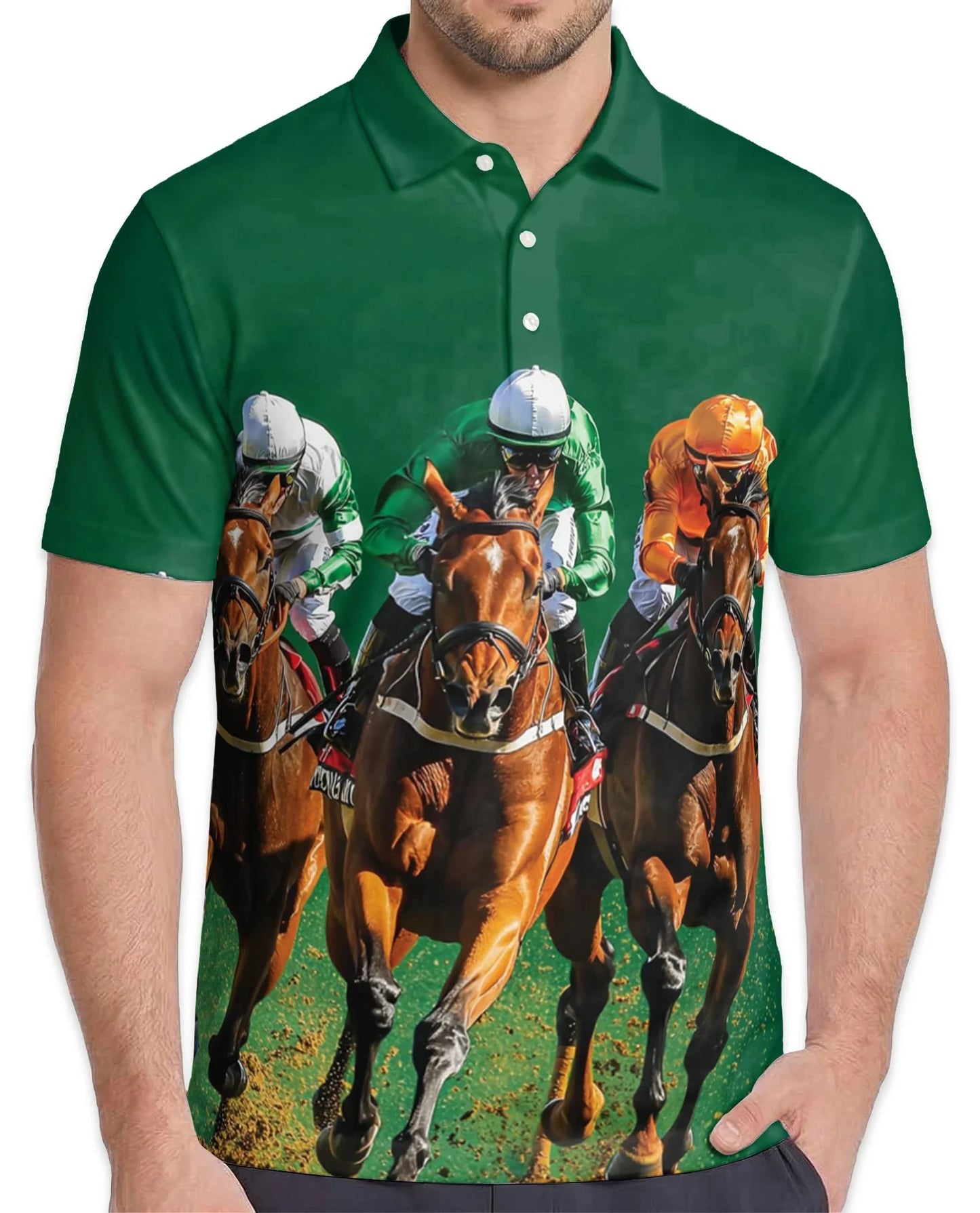 Green Horse Racing Polo Shirt for Men, Equestrian Sport Style | Azhawaiian