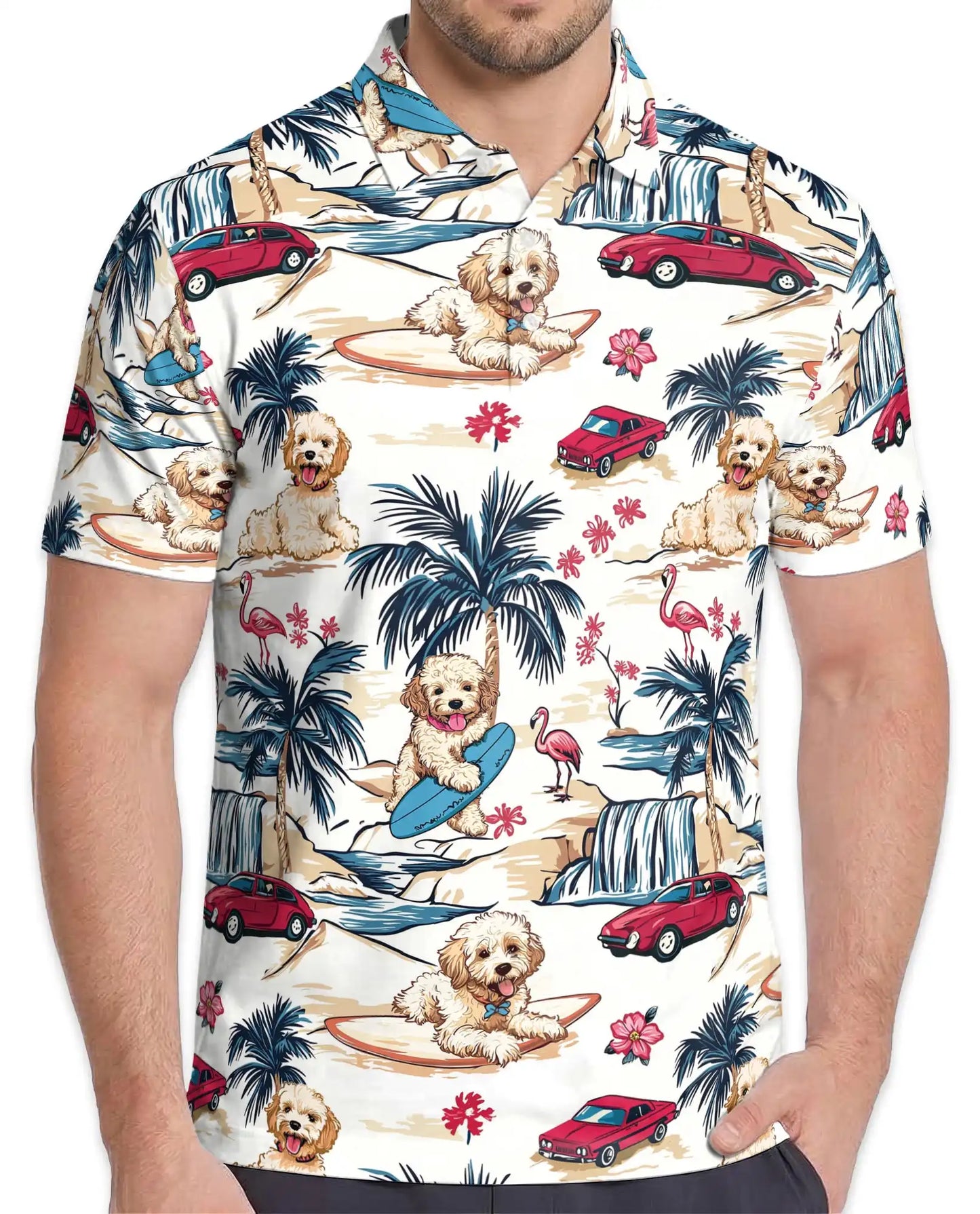 Surfing Dog Beach Polo Shirt - Coastal Tropical Vacation Style | Azhawaiian