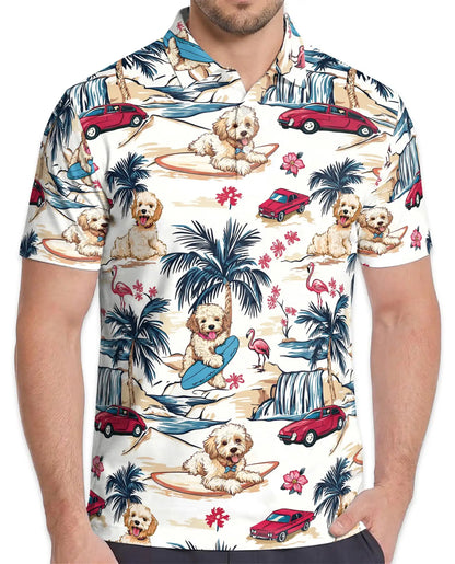 Surfing Dog Beach Polo Shirt - Coastal Tropical Vacation Style | Azhawaiian