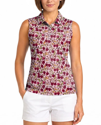 Pink Leopard Cherry Sleeveless Polo Shirt for Women, Cute Wild Fruit Style | Azhawaiian