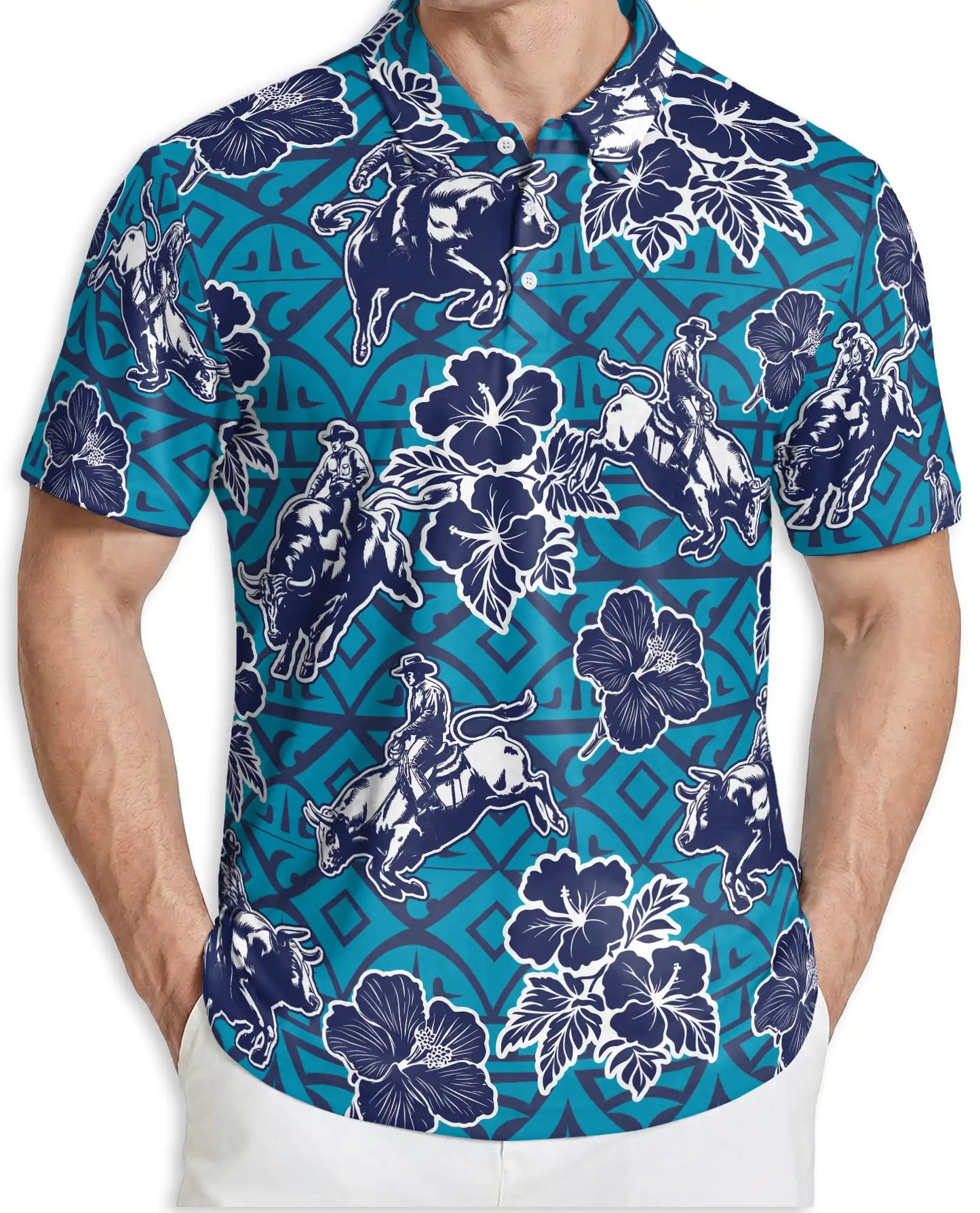 Cowboy Rodeo Polo Shirt, Blue Western Floral Print | Azhawaiian
