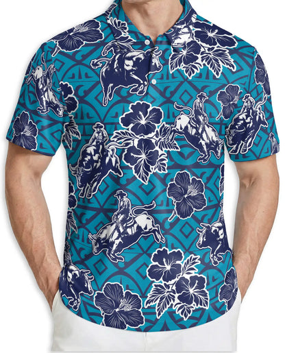 Cowboy Rodeo Polo Shirt, Blue Western Floral Print | Azhawaiian
