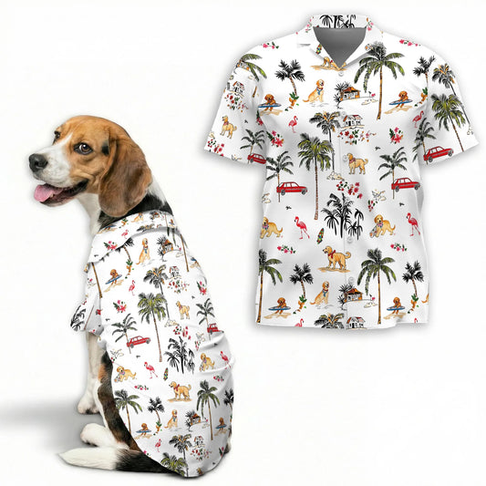 Cute Golden Retriever Beach Print Matching Dog Owner Hawaiian Shirts, Funny Pet Aloha Shirt for Beach Vacation - Azhawaiian
