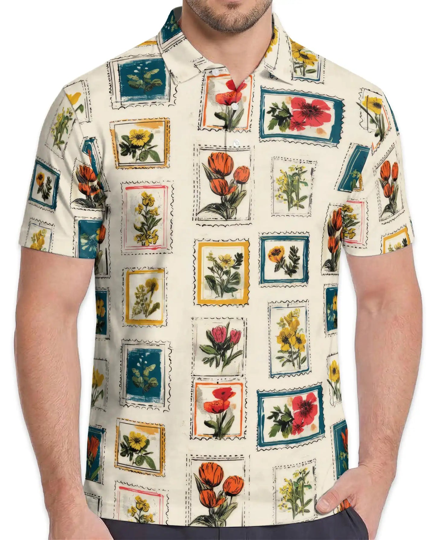 Floral Stamp Polo Shirt for Men, Vintage Botanical Style | Azhawaiian