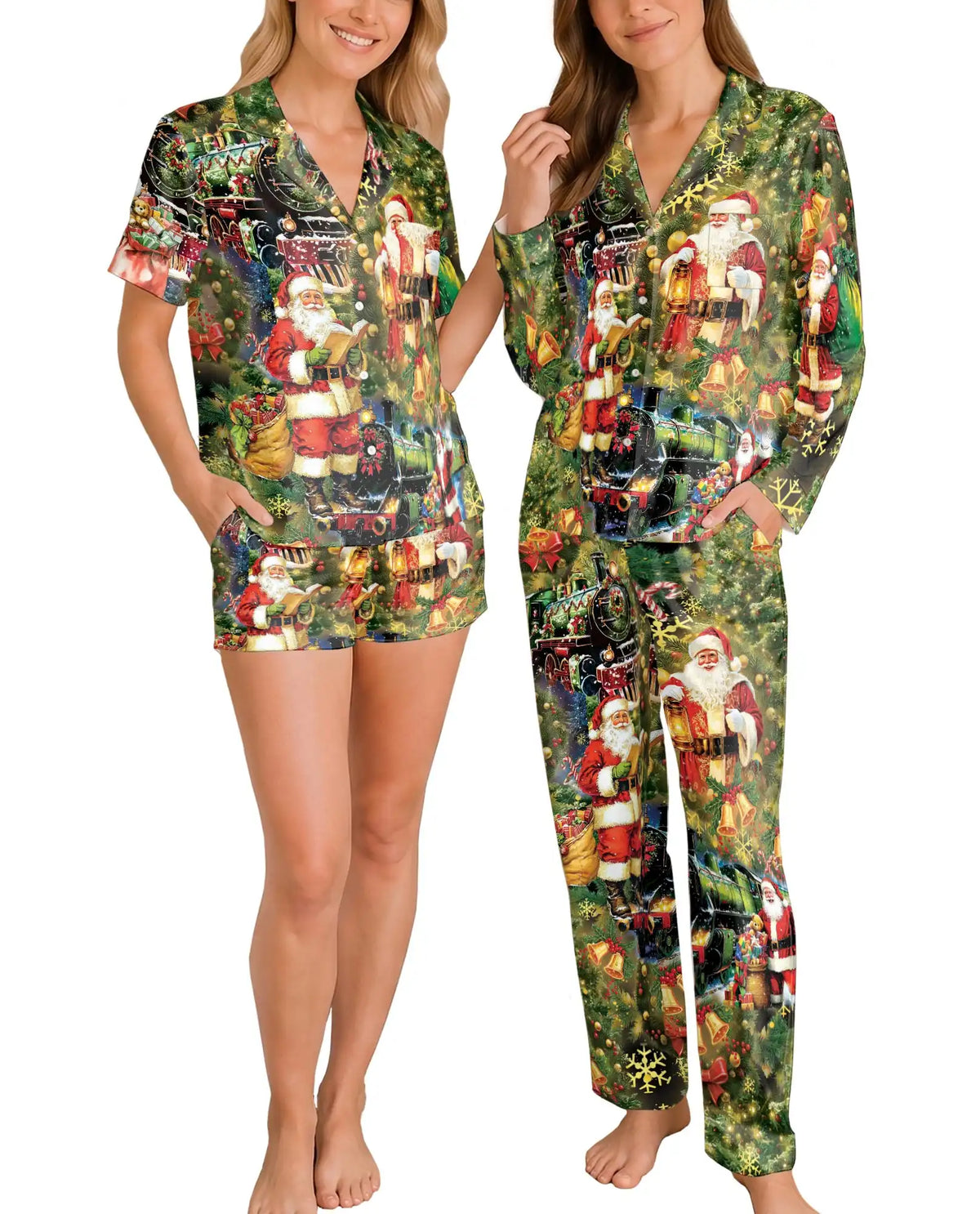 Vintage Santa Christmas Pajama Set for Women – Train & Lantern Print