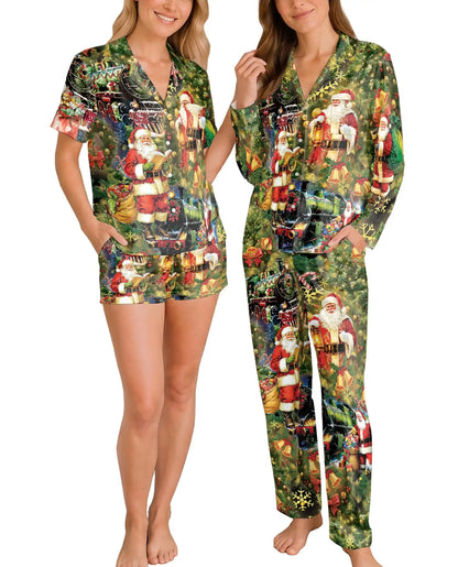 Vintage Santa Christmas Pajama Set for Women – Train & Lantern Print