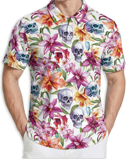 Skull Orchid Floral Polo Shirt-Gothic Botanical Flower Pattern Design | Azhawaiian