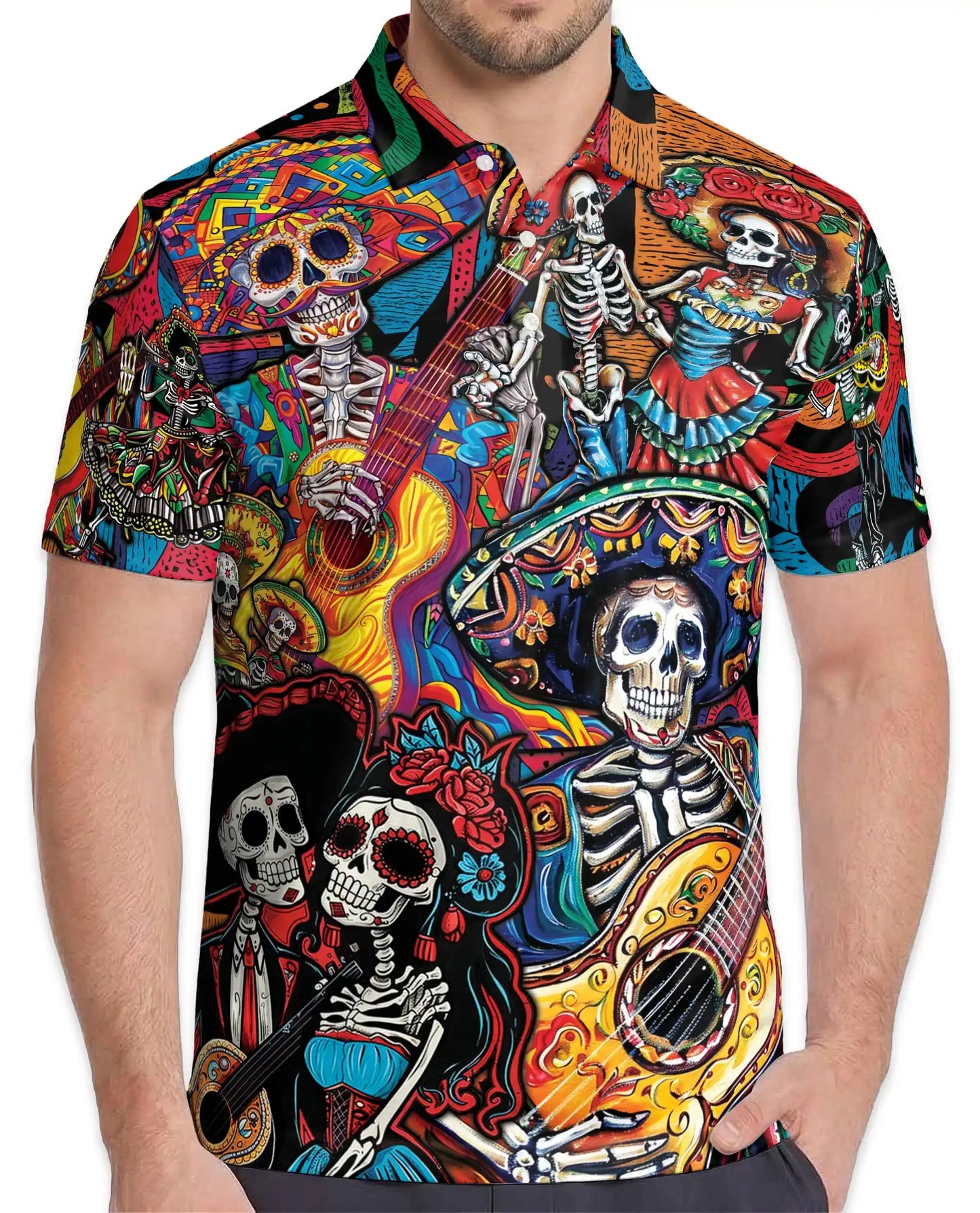 Colorful Skeleton Guitar Polo Shirt for Men, Musical Skull Design | Azhawaiian