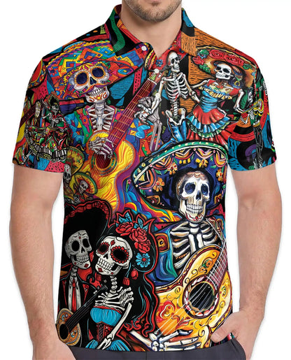 Colorful Skeleton Guitar Polo Shirt for Men, Musical Skull Design | Azhawaiian