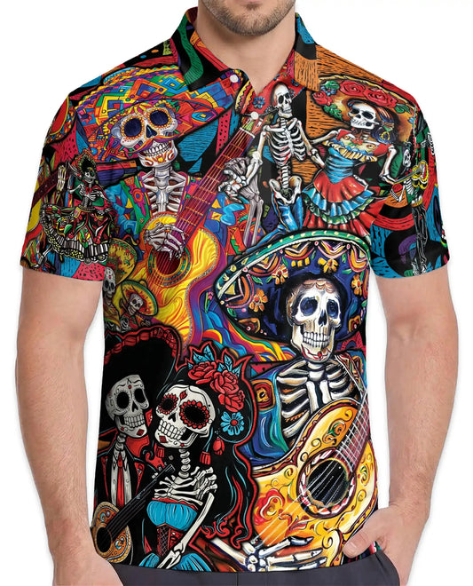 Colorful Skeleton Guitar Polo Shirt for Men, Musical Skull Design | Azhawaiian