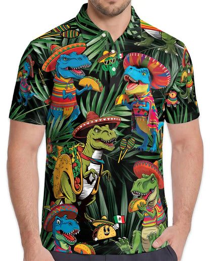 Fiesta Dinosaur Taco Hawaiian Polo Shirt-Funny Mexican Party Design | Azhawaiian