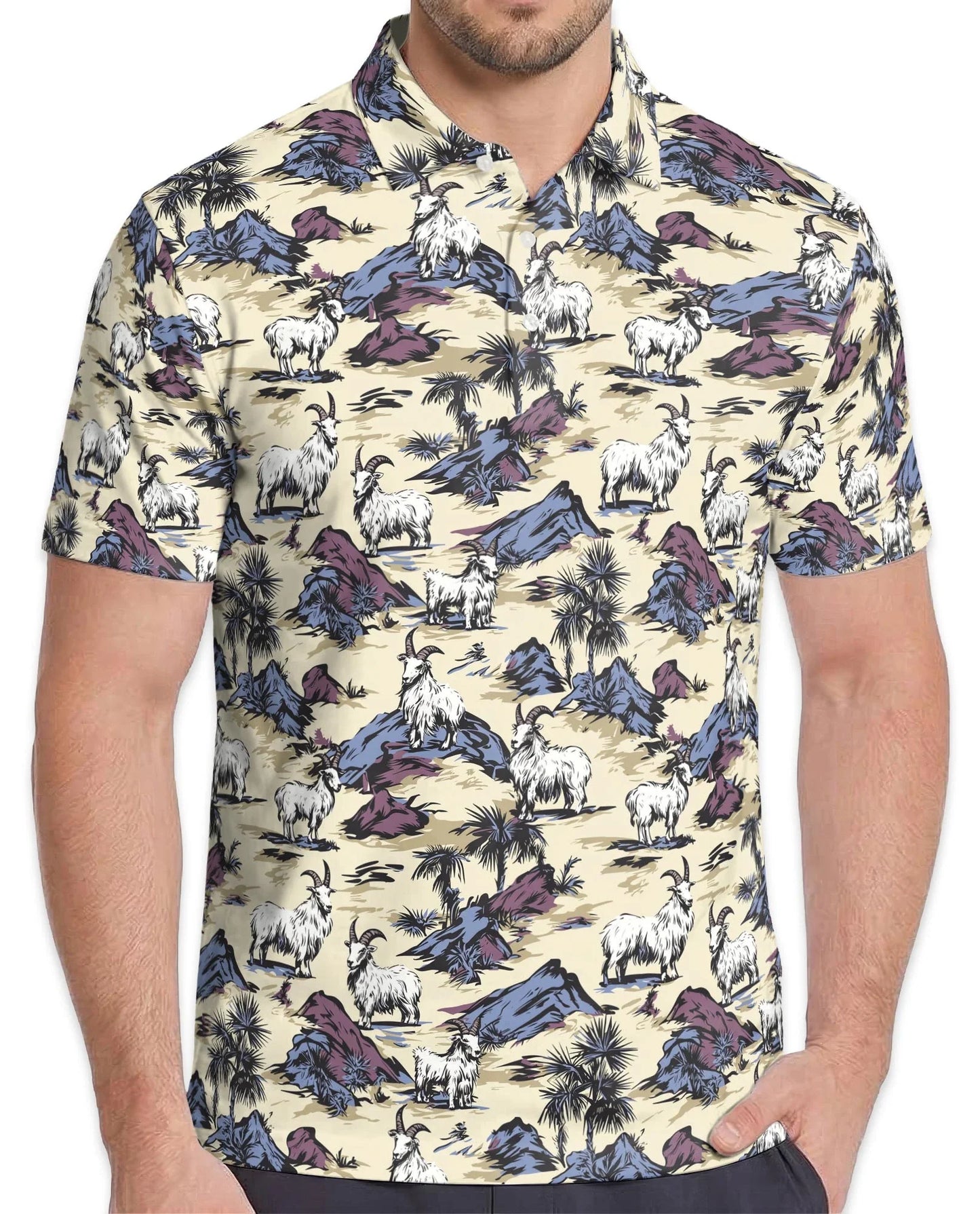 Goat Island Polo Shirt for Men, Tropical Animal Vacation Style | Azhawaiian