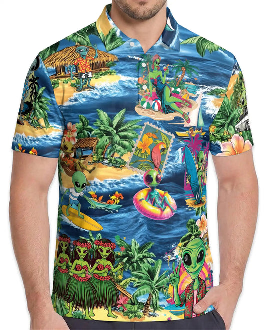 Alien Beach Hawaiian Polo Shirt - Funny UFO Tropical Surfing Design | Azhawaiian