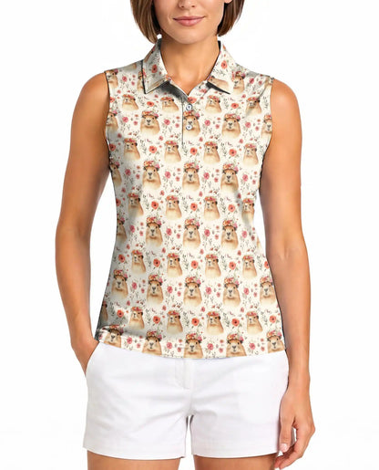 Floral Capybara Pattern Sleeveless Polo Shirt for Women | Azhawaiian