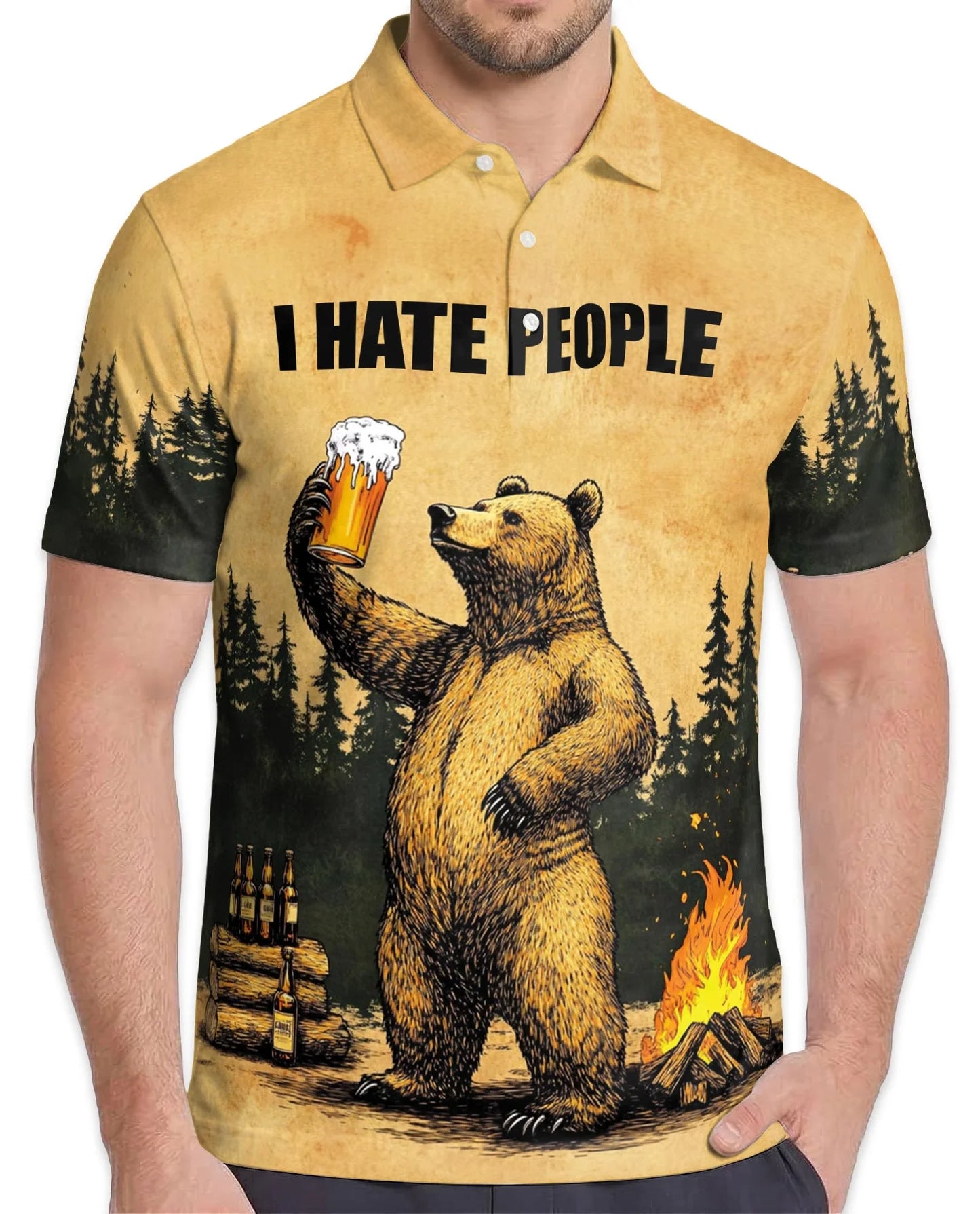 Funny Bear Camping Polo Shirt for Men, Outdoor Beer Lover Style | Azhawaiian