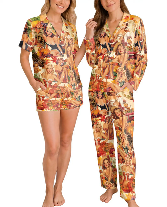 Vintage Fall Pin-Up Pajama Set for Women – Retro Harvest Pumpkin Print