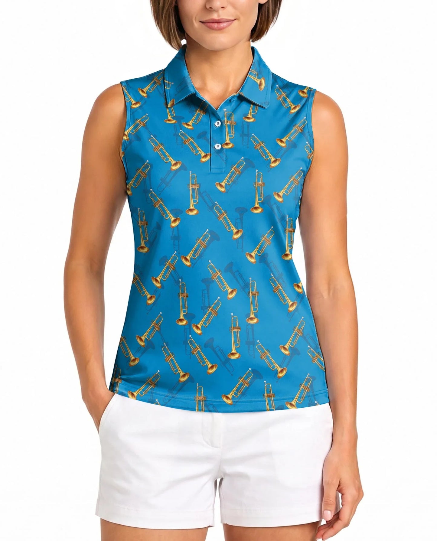 Trombone Pattern Sleeveless Polo Shirt for Women | Azhawaiian