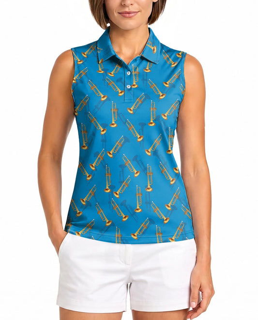 Trombone Pattern Sleeveless Polo Shirt for Women | Azhawaiian